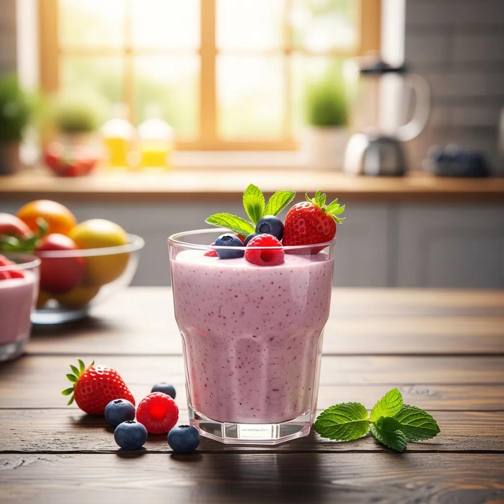 Delicious collagen shake with berries and mint in a bright kitchen setting