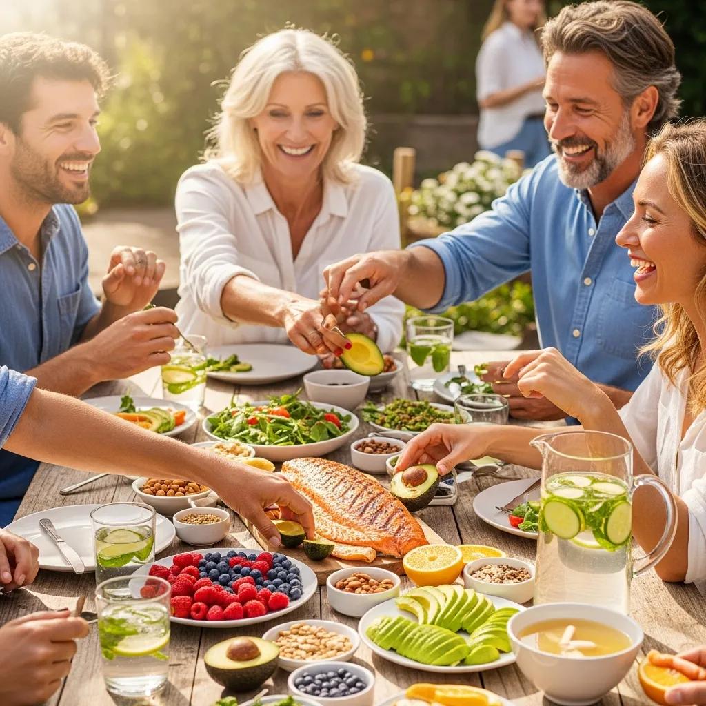 Diverse group enjoying healthy foods rich in collagen, promoting wellness and vitality