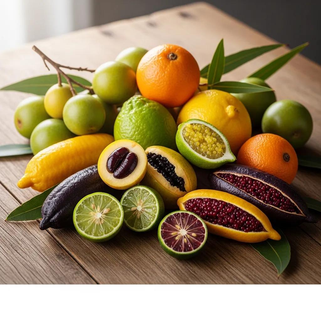 A selection of Australian native fruits rich in vitamin C, including Kakadu plum, lemon aspen, and finger lime, highlighting their natural health benefits.
