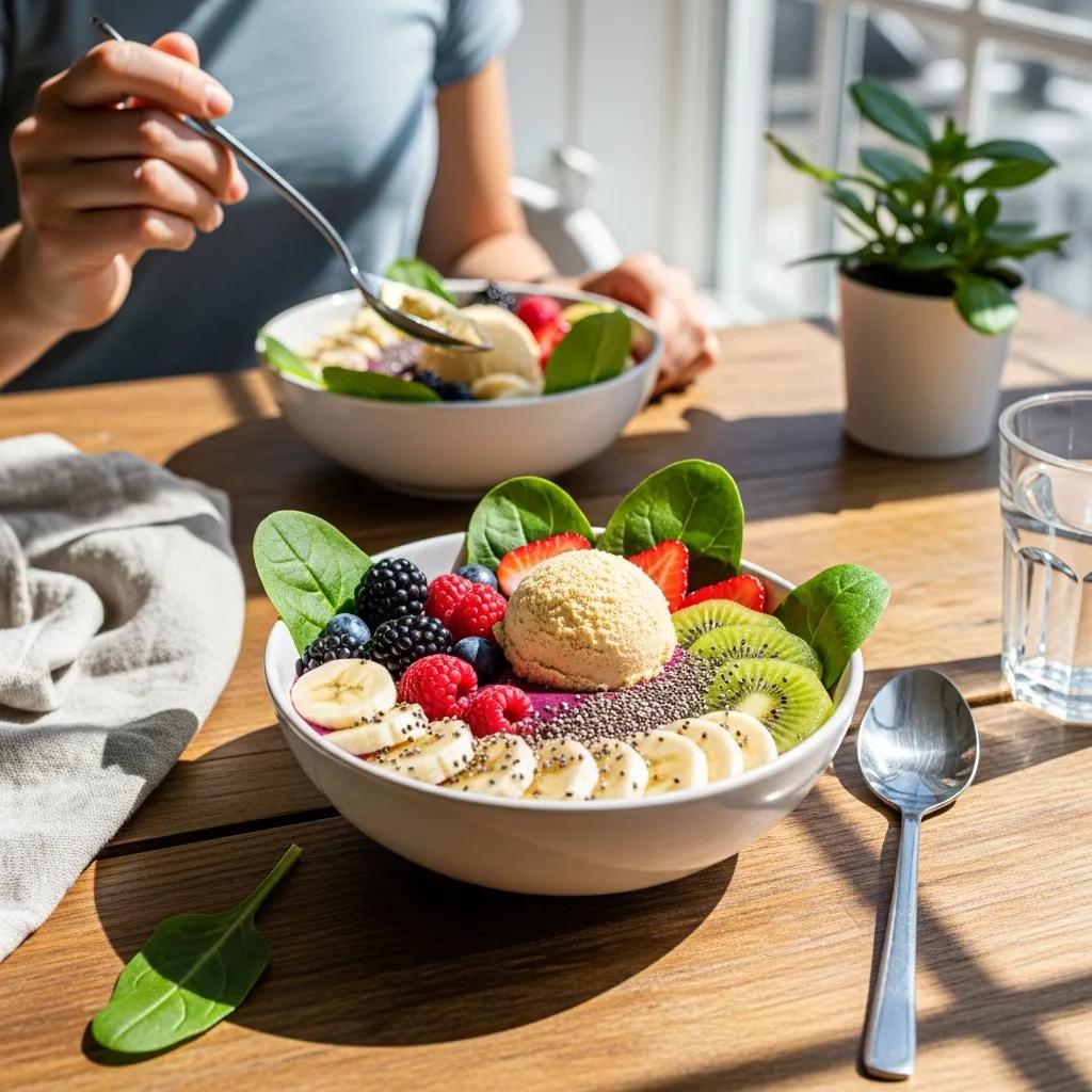 Health-conscious individual enjoying a nutritious smoothie bowl with collagen powder, emphasizing wellness and nutrition