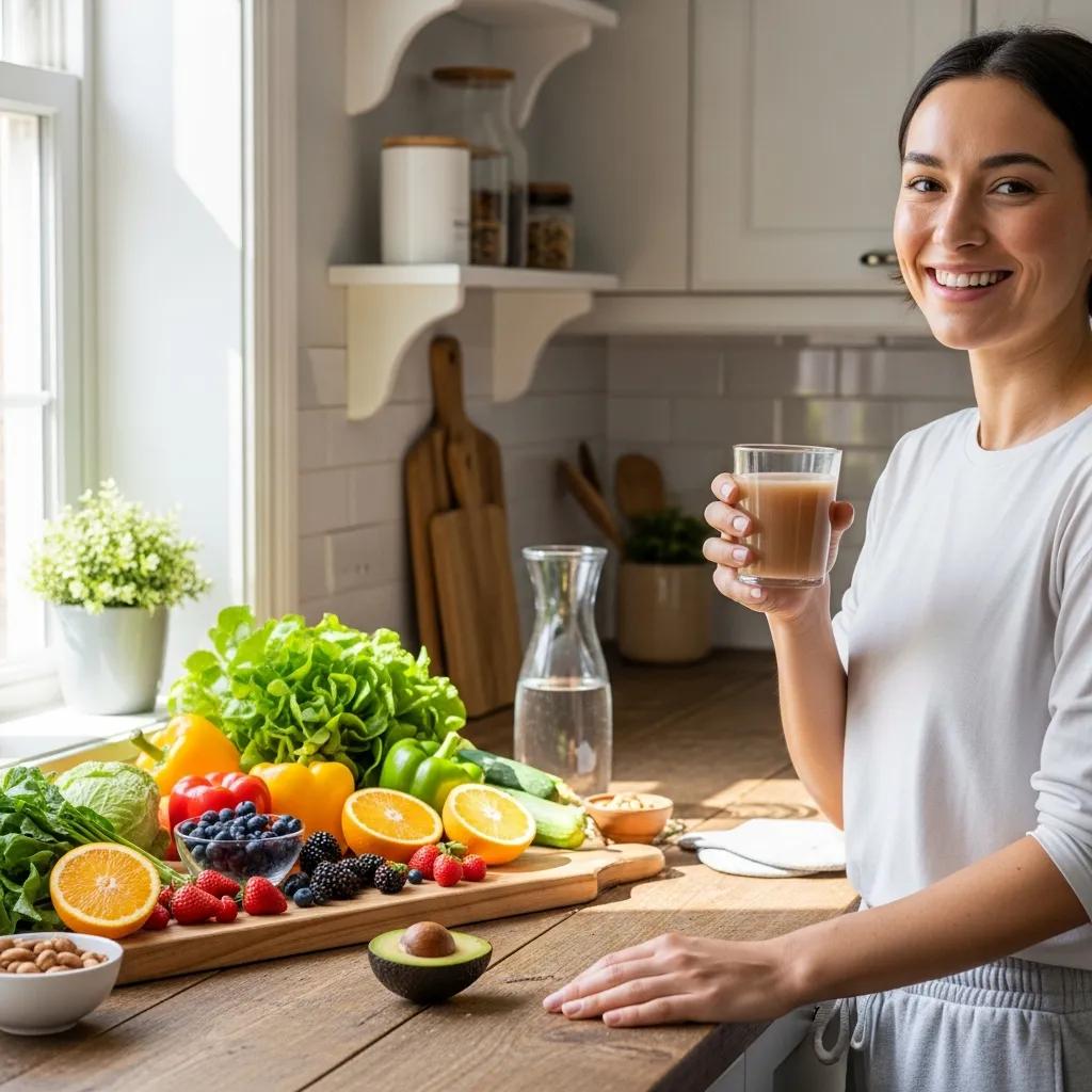 Healthy individual enjoying a collagen supplement in a bright kitchen, emphasizing wellness and vitality