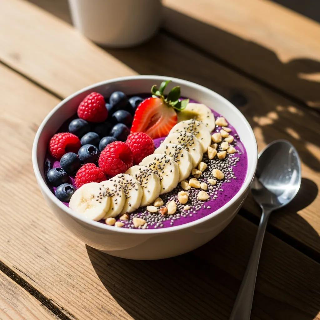 Healthy smoothie bowl with collagen powder, fruits, and nuts representing wellness benefits